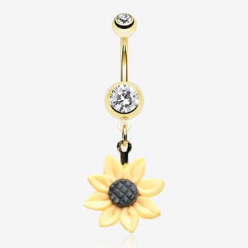 Golden Sunflower Blossom Belly Button Ring-Clear Gem